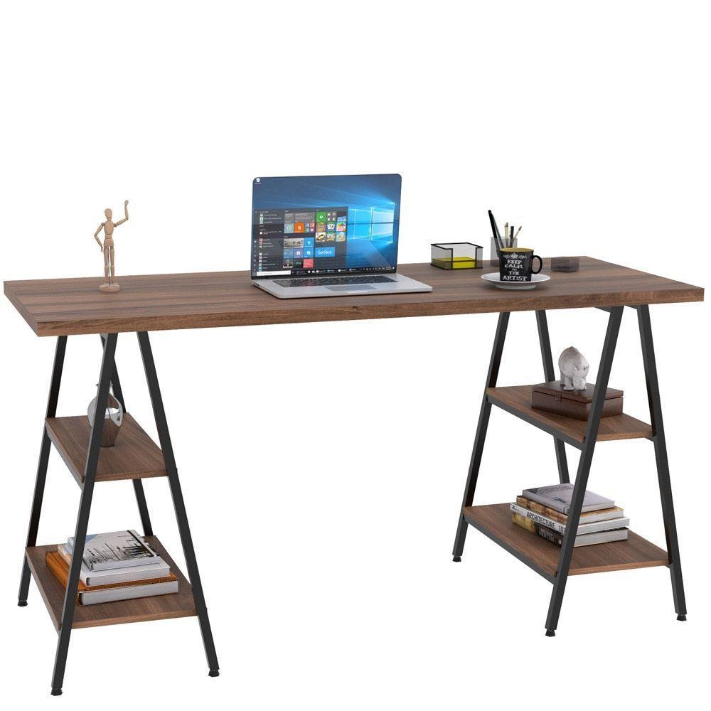 Kit Mesa Cavalete 150 Cm Com Estante 4 Prateleiras Estilo Industrial Form C01 Nogal - Lyam Decor