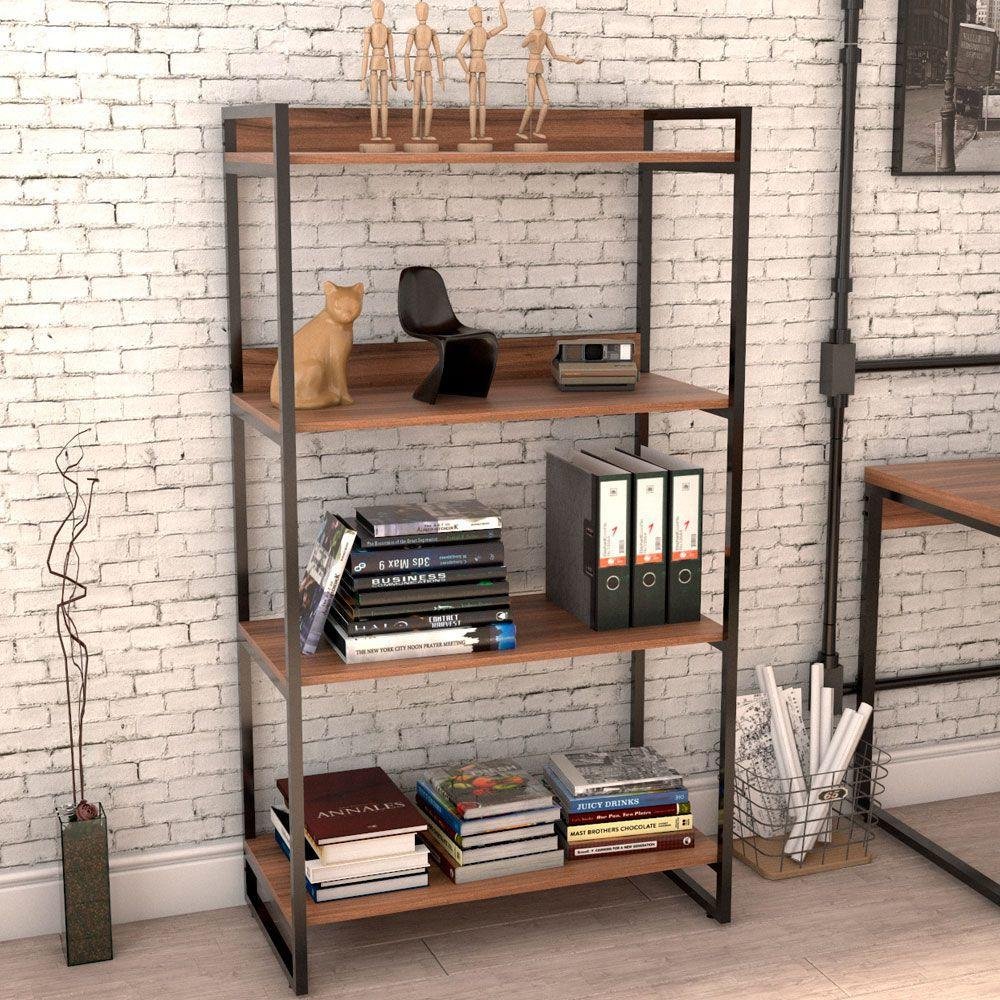 Kit Mesa Cavalete 150 Cm Com Estante 4 Prateleiras Estilo Industrial Form C01 Nogal - Lyam Decor