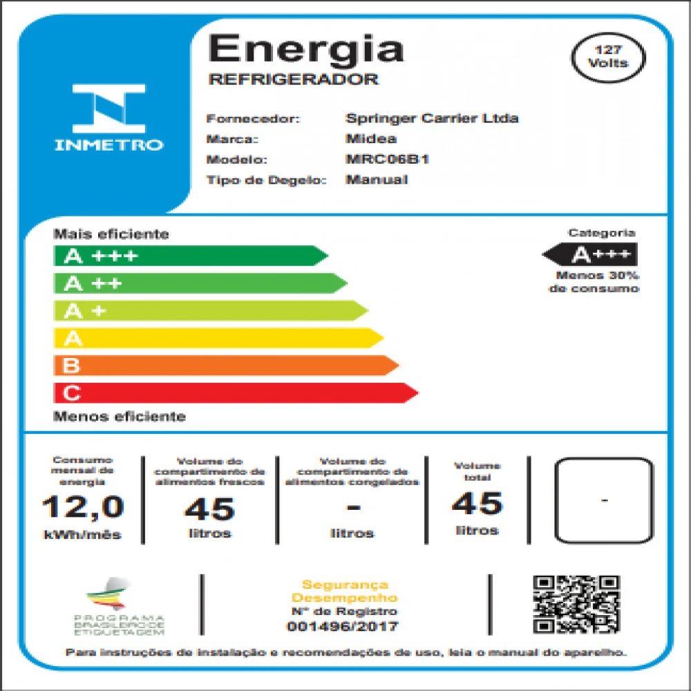 Frigobar Midea, 45L, Porta Fixa, 3 Prateleiras, 110V, Branco - Mrc06b