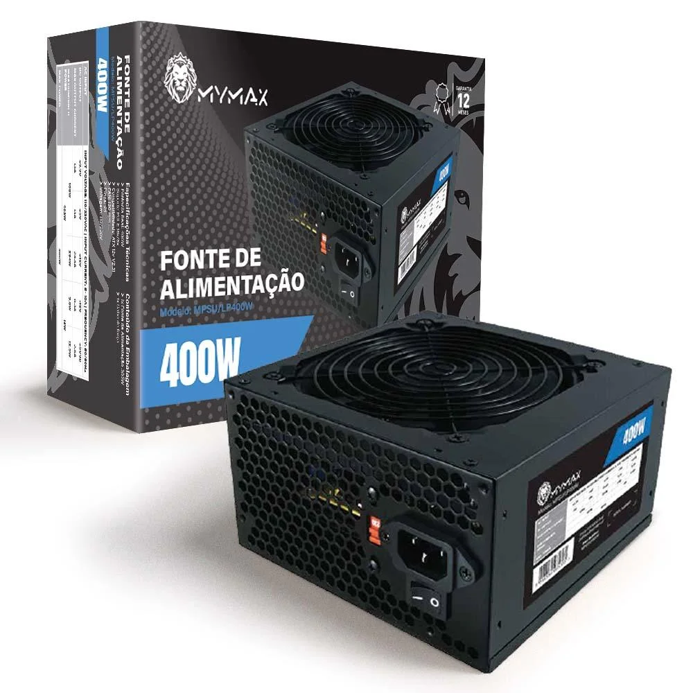 Fonte Mymax ATX, 400W Real, Bivolt Manual, 24 Pinos, Com Cabo