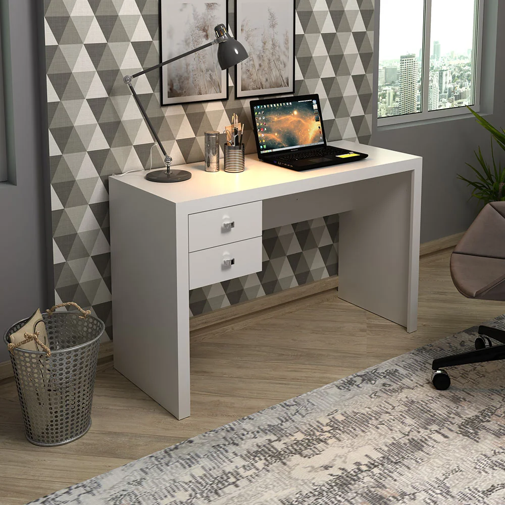 Mesa Com 2 Gavetas Para Escritório Home Office - Gran Belo Me4123 Mdp Branco.