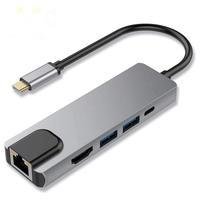 Hub Adaptador Dock Station 5 Em 1, USB-C 3.0, 4k, Hdtv, Rj45