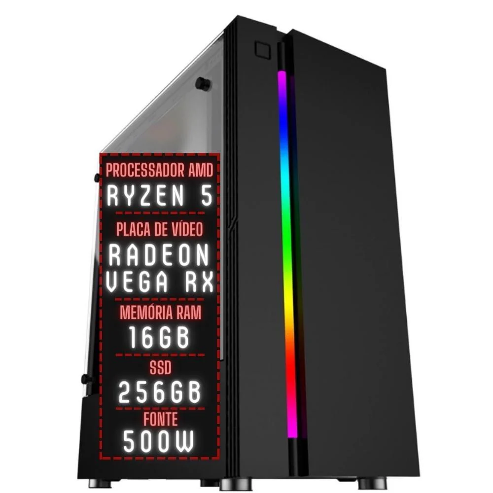 PC Gamer 3green Force Amd Ryzen 5 16gb Ddr4 Placa De Vídeo Radeon Rx SSD 256gb Fonte 500w 3gfo-011