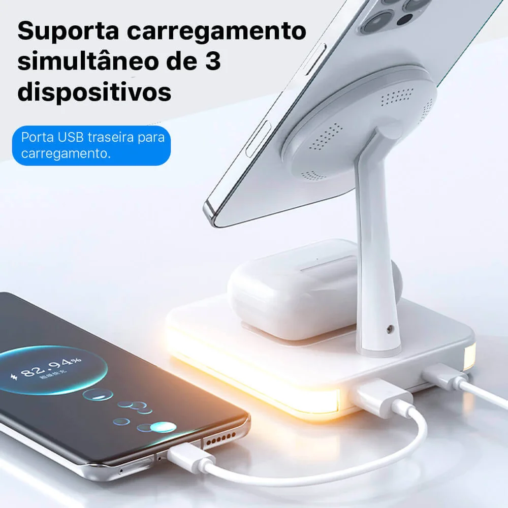 Carregador Dock Station Wireless, 3 Em 1 Para Iphone, Airpods, Smartphone - Preta