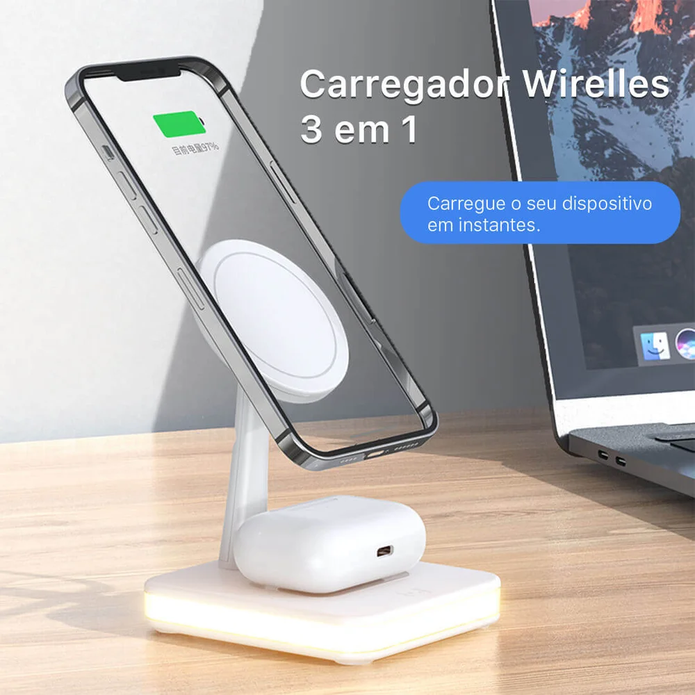 Carregador Dock Station Wireless, 3 Em 1 Para Iphone, Airpods, Smartphone - Preta