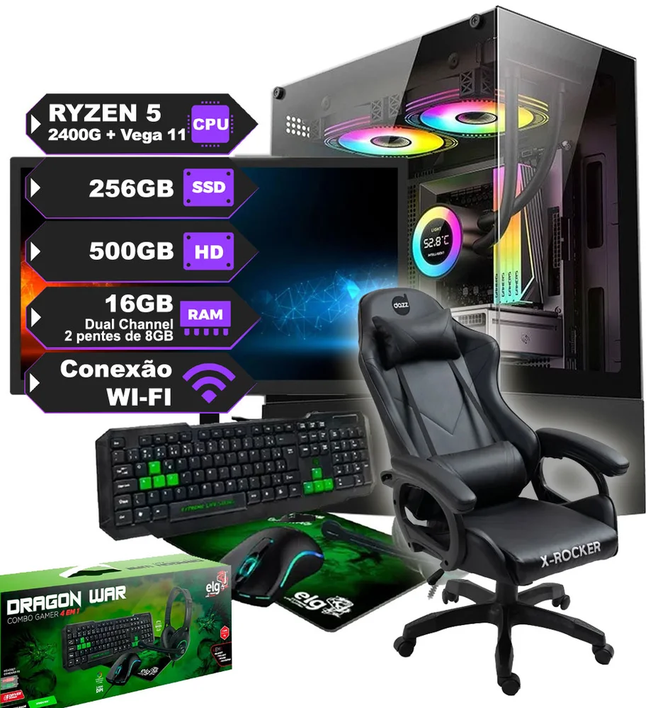 Setup Gamer Completo Ryzen 5 2400G Monitor HD Kit