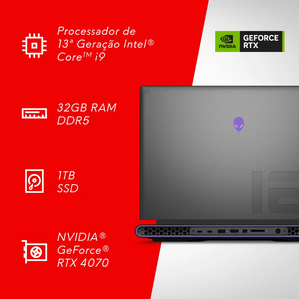 Notebook Dell Alienware M16, Intel Core i9 13ª, 32GB, 1TB SSD, RTX 4070, Tela de 16 Polegadas QHD, Windows 11, Preto - AW16-I1300-M21P