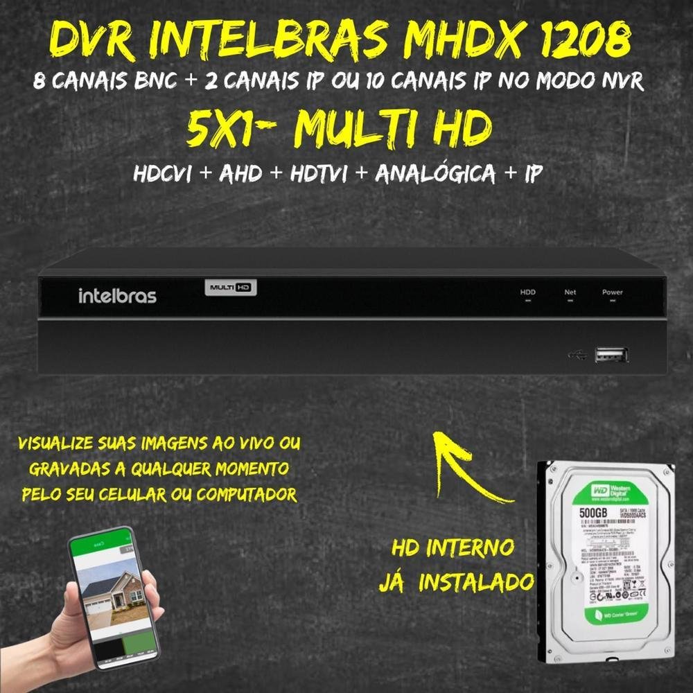 Kit Intelbras, DVR Mhdx 1208, 08 Canais + HD 500GB Kit Intelbras, DVR Mhdx 1208, 08 Canais + HD 500GB