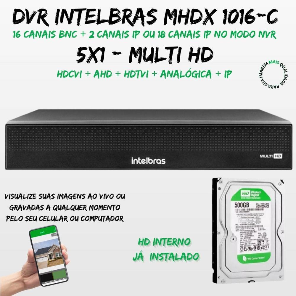 Kit 10 Cameras 1220 Intelbras, Full Color, Dvr Mhdx, 16 Ch, Color Noite, 500GB