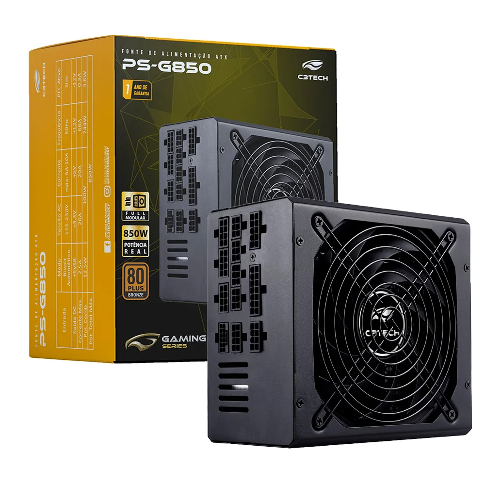 Fonte de Alimentação C3Tech 850W, Full Modular, Bronze ATX Fonte de Alimentação C3Tech 850W, Full Modular, Bronze ATX