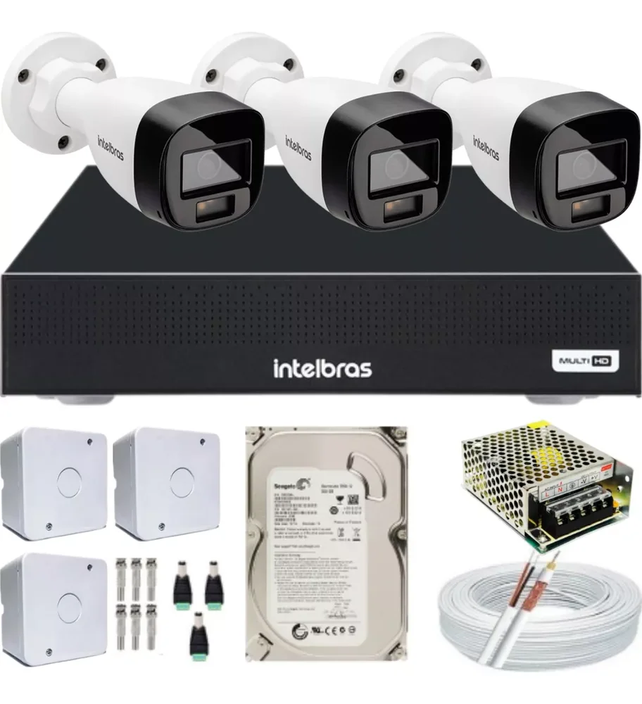 Kit 3 Cameras Segurança Intelbras Full Color Vhd 1120b Dvr 4ch Full C/ Hd 500gb .