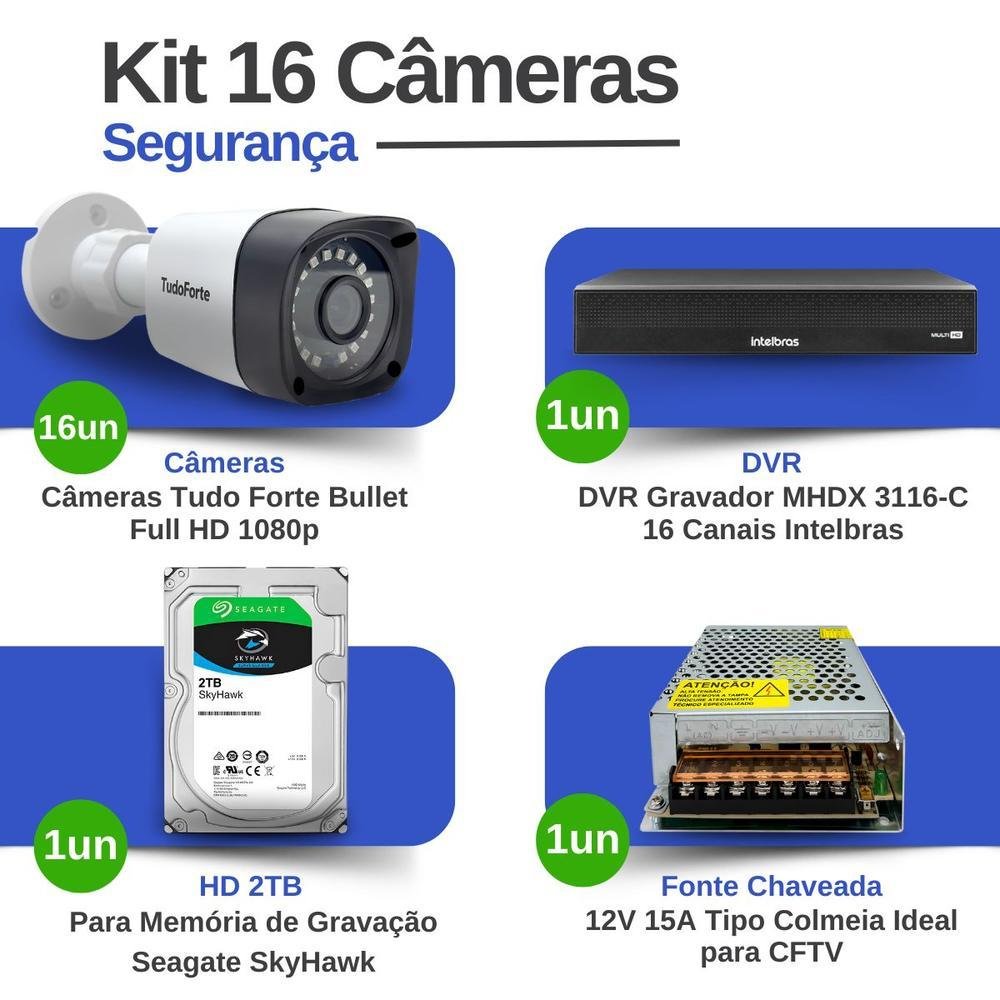 Kit 16 Câmeras Tudo Forte TF 2020 B Full HD 1080p Bullet Visão Noturna 20M Proteção IP66 Dvr Intelbras MHDX 3116-C 16 Canais HD 2TB SkyHawk Kit 16 Câmeras Tudo Forte TF 2020 B Full HD 1080p Bullet Visão Noturna 20M Proteção IP66 Dvr Intelbras MHDX 3116-C 16 Canais HD 2TB SkyHawk