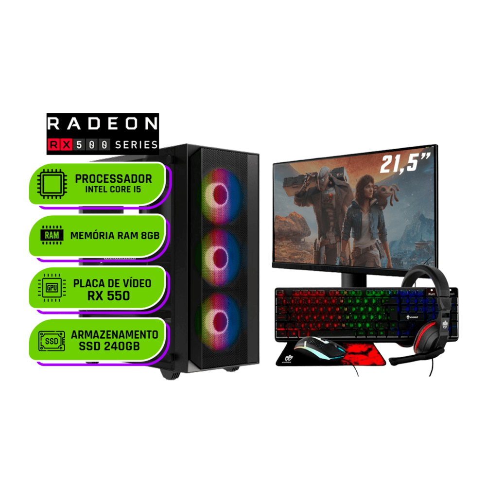"PC Gamer Completo Balão.info Intel I5 3470,  Radeon Rx 550 4gb, Memoria 8GB Ddr3, SSD 240GB, Monitor 20 """