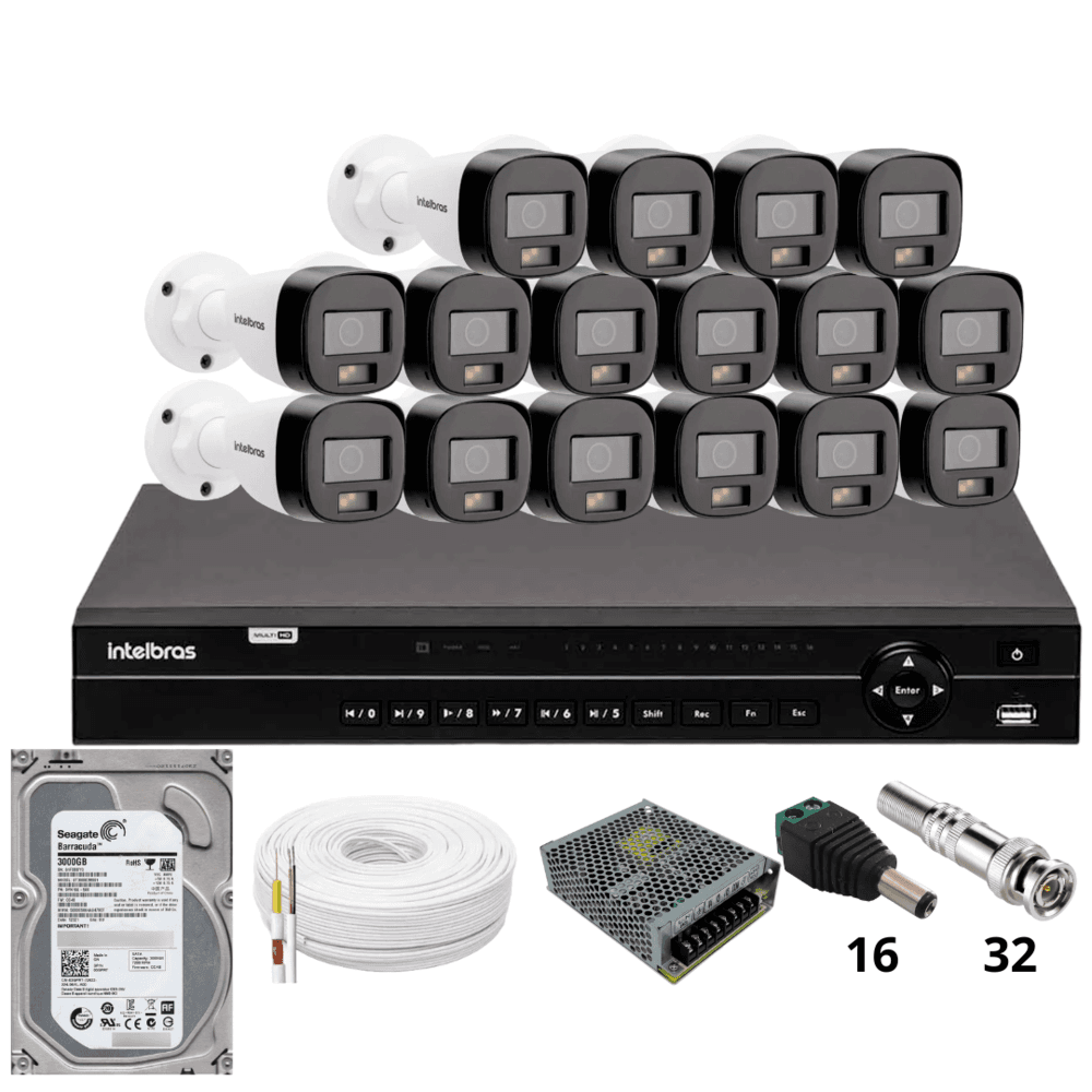 Kit 16 Câmeras Intelbras 1120b Full Color Dvr Intelbras Mhdx 1232 Hd 3TB
