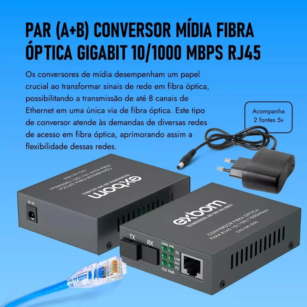 Par Conversor Mídia Fibra Óptica A+b Gigabit 1000 Mbps Rj45