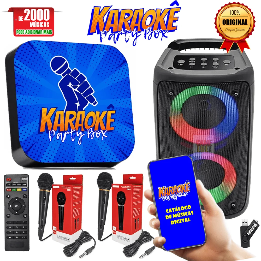 Karaoke Party Box Azul +de 2000 Músicas, 2 Microfones, Caixa De Som