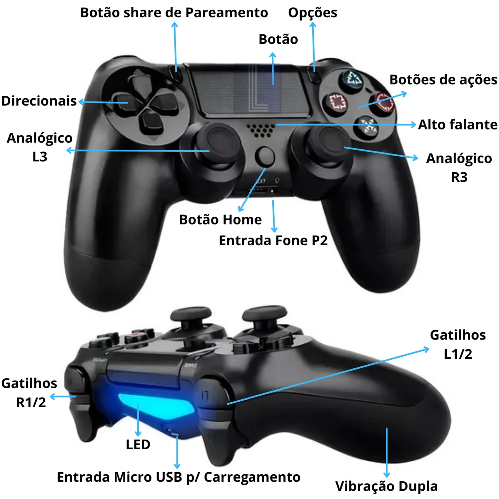 Kit 2 Controles Sem Fio Para Ps4 PC Com Cabo 1m Micro Usb Kit 2 Controles Sem Fio Para Ps4 PC Com Cabo 1m Micro Usb