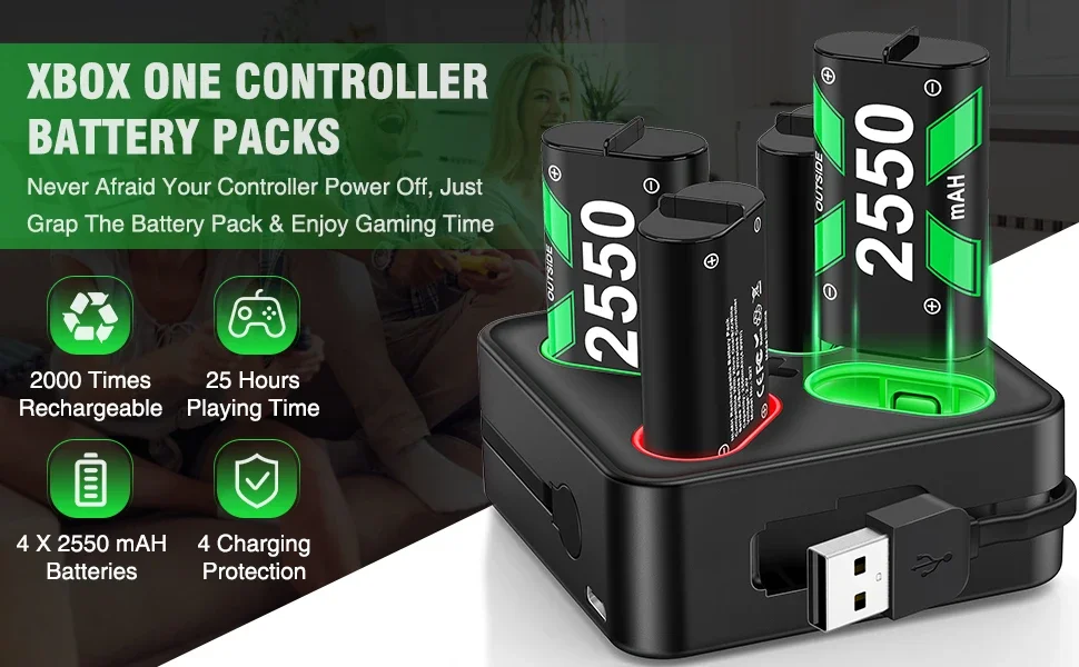 Beboncool 4x2550mah Bateria Recarregável Para XBOX One + Usb.