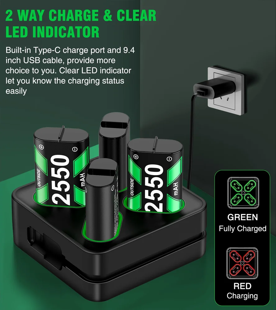 Beboncool 4x2550mah Bateria Recarregável Para XBOX One + Usb.