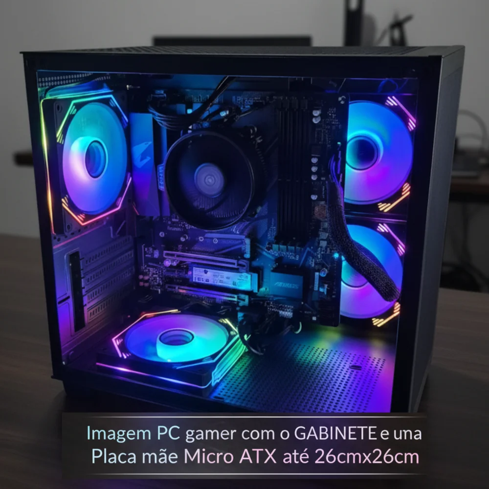 Gabinete Gamer Preto Aquário com 7 Fans RGB Inclusas Mini Tower para Placas Micro Atx Mini ITX Vidro Temperado Gabinete Gamer Preto Aquário com 7 Fans RGB Inclusas Mini Tower para Placas Micro Atx Mini ITX Vidro Temperado