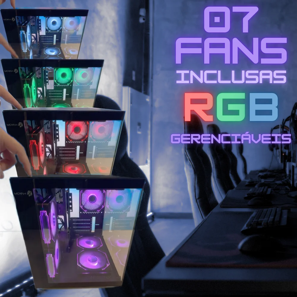 Gabinete Gamer Preto Aquário com 7 Fans RGB Inclusas Mini Tower para Placas Micro Atx Mini ITX Vidro Temperado Gabinete Gamer Preto Aquário com 7 Fans RGB Inclusas Mini Tower para Placas Micro Atx Mini ITX Vidro Temperado