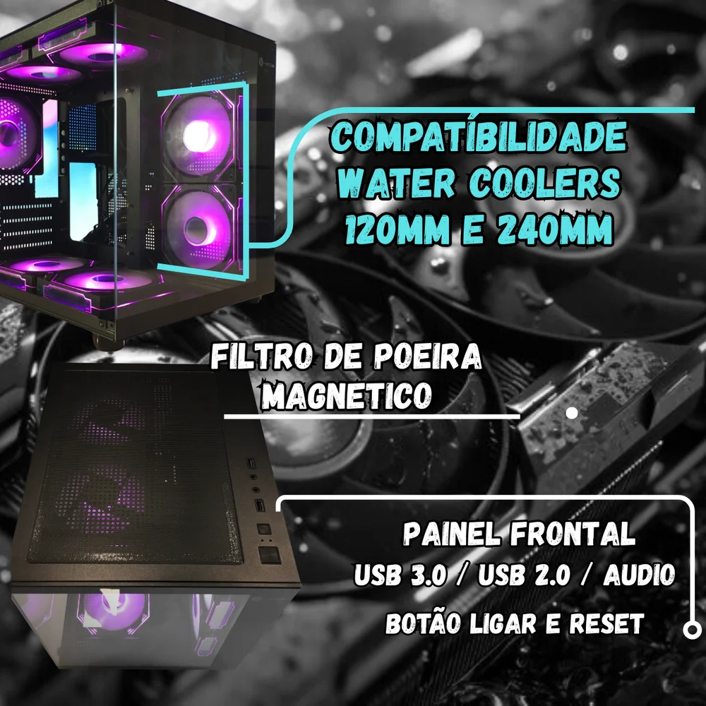 Gabinete Gamer Preto Aquário com 7 Fans RGB Inclusas Mini Tower para Placas Micro Atx Mini ITX Vidro Temperado Gabinete Gamer Preto Aquário com 7 Fans RGB Inclusas Mini Tower para Placas Micro Atx Mini ITX Vidro Temperado