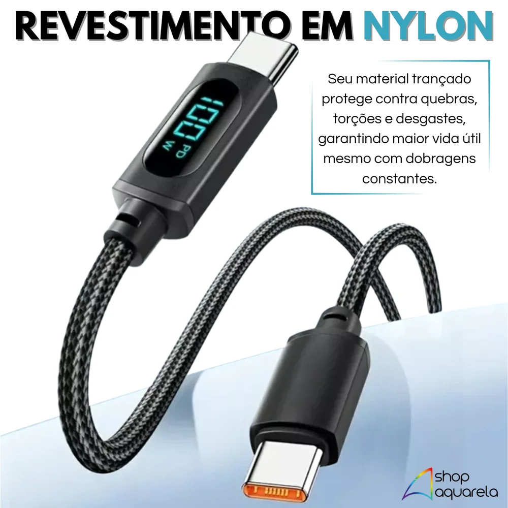 Cabo Carregador Turbo Reforçado Tipo-C / Tipo-C Com Indicador LED 100W