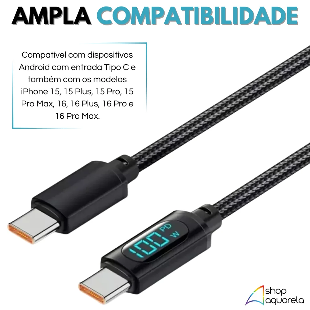 Cabo Carregador Turbo Reforçado Tipo-C / Tipo-C Com Indicador LED 100W