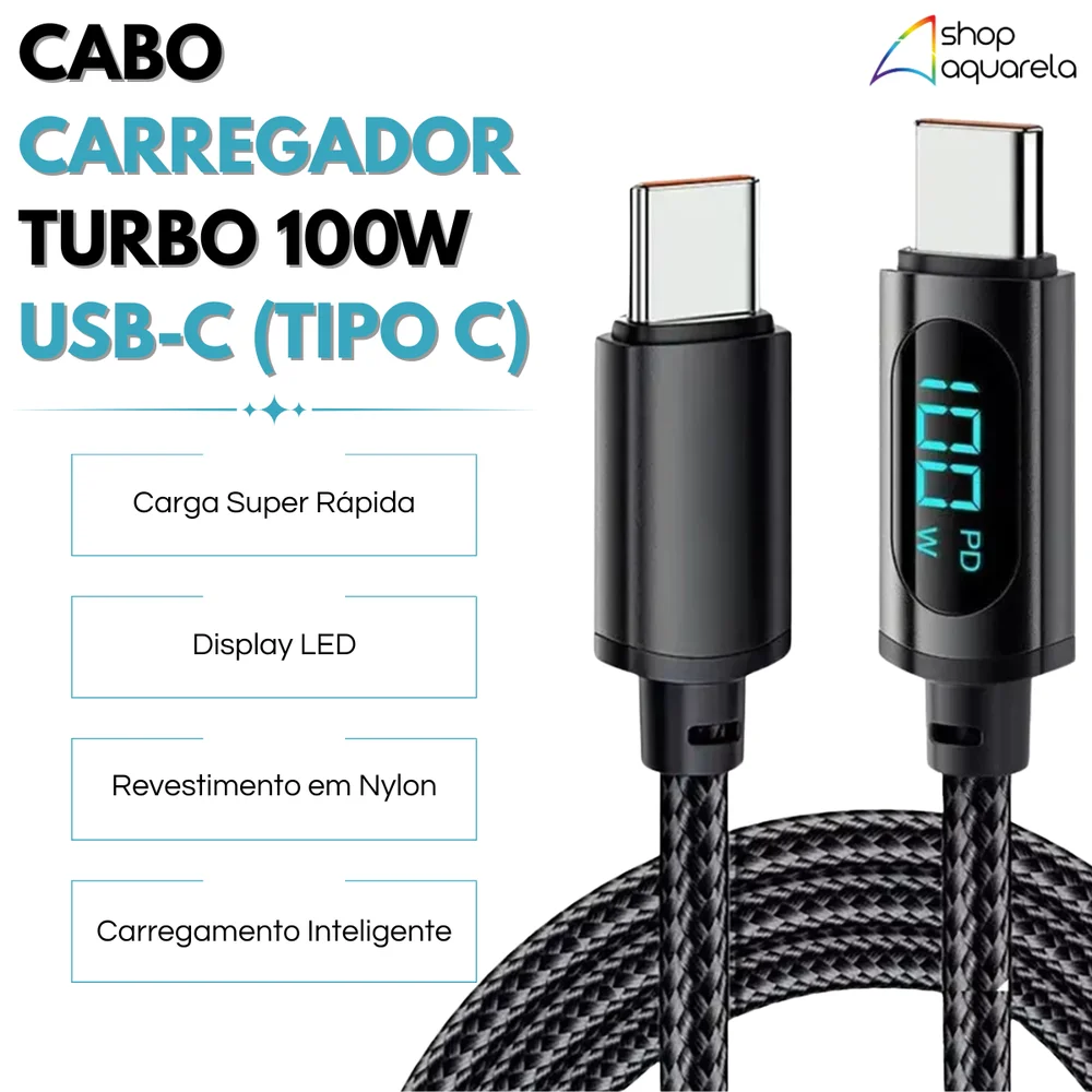 Cabo Carregador Turbo Reforçado Tipo-C / Tipo-C Com Indicador LED 100W