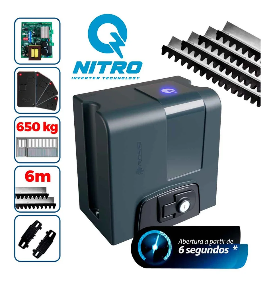 Kit Motor Automatizador De Portão Dz Nano Nitro 650kg Rossi 4 Controles 6m Cremalheira