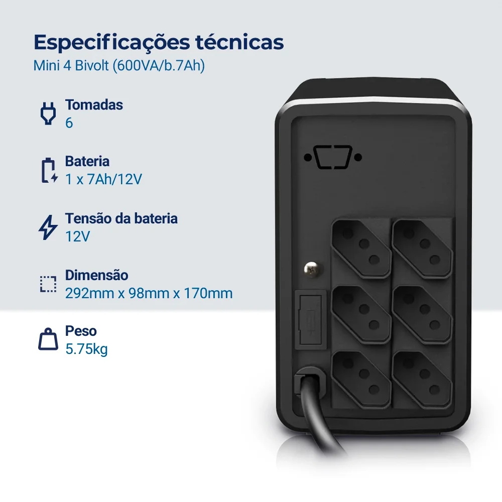 Nobreak Nhs Mini 4 90.a1.006100 Entrada Bivolt Saída 120v (600va/b.7ah)