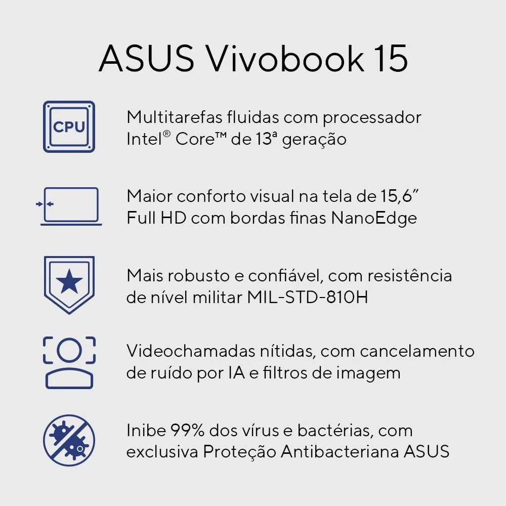 Notebook Asus Vivobook 15 X1504va Intel Core i5 1334u 16gb Ram 512gb SSD Linux Keepos Intel Iris Xe Tela 15,6" LED Fhd Blue - Nj1746 Notebook Asus Vivobook 15 X1504va Intel Core i5 1334u 16gb Ram 512gb SSD Linux Keepos Intel Iris Xe Tela 15,6" LED Fhd Blue - Nj1746