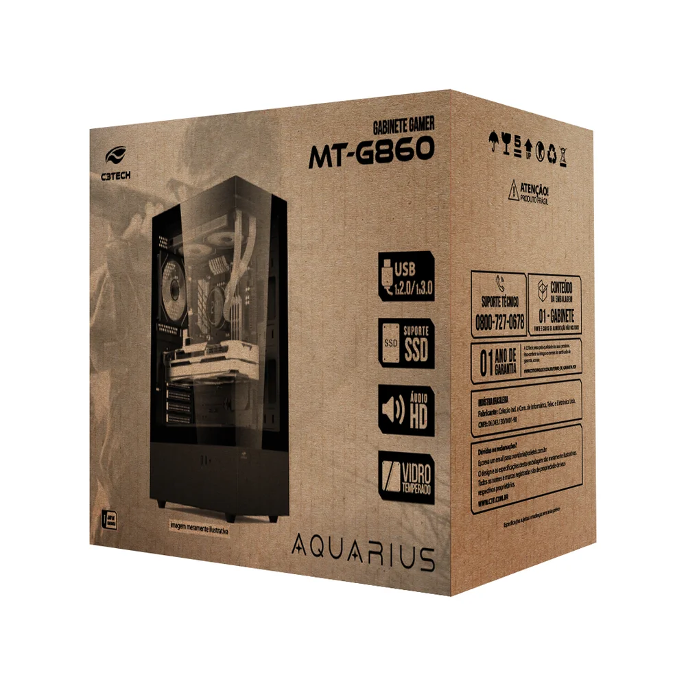 Gabinete Gaming C3tech Aquarius Com Vidro Temperado Sem Fonte - Mt-g860bk Gabinete Gaming C3tech Aquarius Com Vidro Temperado Sem Fonte - Mt-g860bk