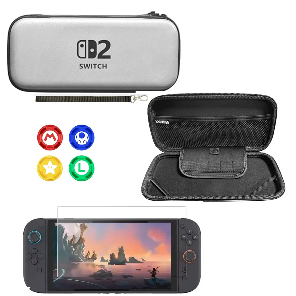 Kit Case Nintendo Switch 2 Prata + Película Vidro + 4 Grips Kit Case Nintendo Switch 2 Prata + Película Vidro + 4 Grips