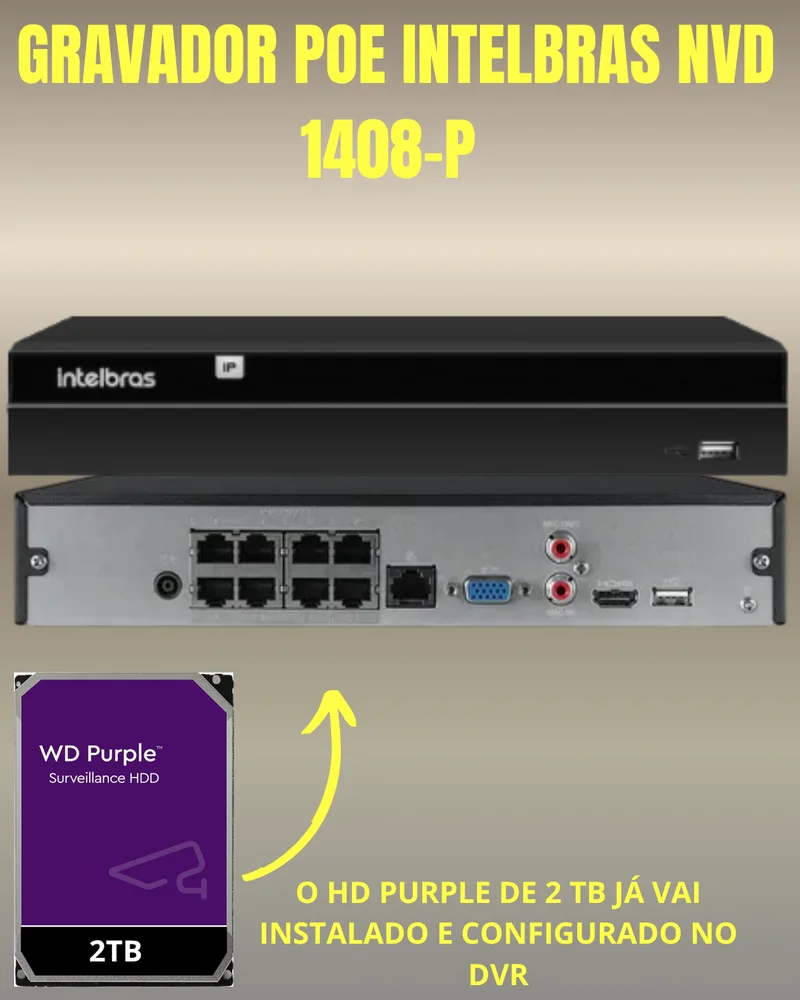 Kit Cftv Intelbras Nvr 1408p 5 Câmeras Ip E Hd 2TB Purple