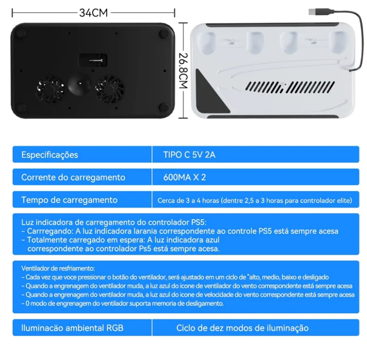 Suporte Cooler Resfriamento Ps5 Normal Ps5 Slim Ps5 Pro Carrega 2 Controles Suporte Cooler Resfriamento Ps5 Normal Ps5 Slim Ps5 Pro Carrega 2 Controles