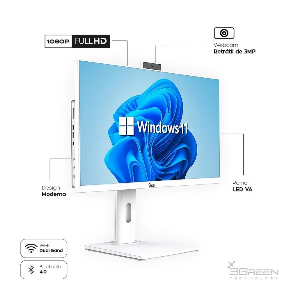 "Computador All In One 24"" Branco, Intel i3 9100, 16gb Ddr4, SSD 256gb, WINDOWS 11  , Webcam, Wi-fi, 3green Unique" em Campinas - foto 4