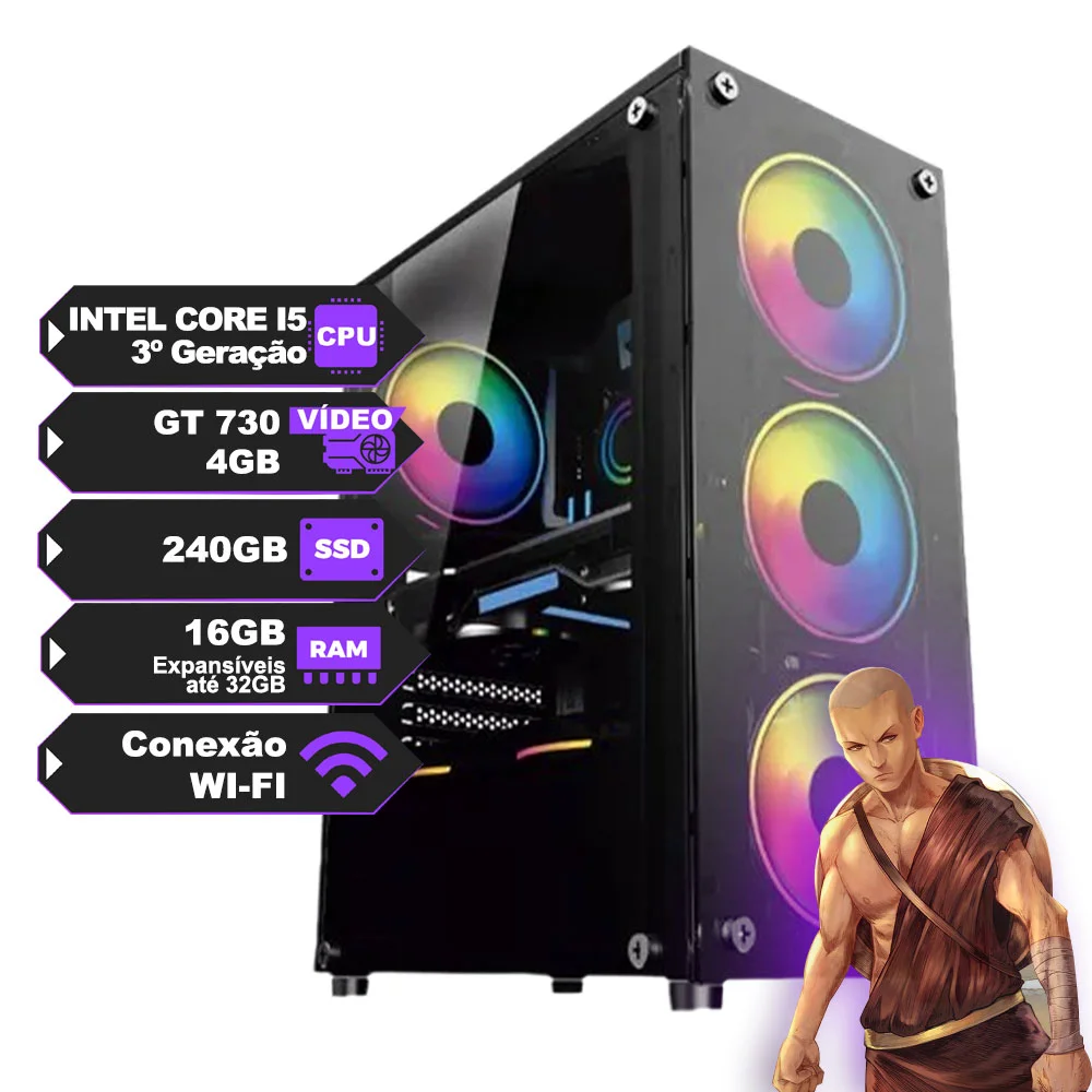 Pc Gamer Intel I5 3th c/ Placa de Vídeo dedicada GT 730 de 4Gb, SSD 240GB, Ram 16GB, Wi-Fi e Fonte 500w
